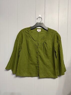 #15)  Anokhi Cotton Olive Green Button-Down Women's Blouse